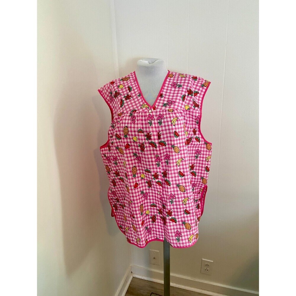 VTG Private Moments Pearl Snap House Dress Apron Smock Fruit 2XL Gingham Cotton - Picture 12 of 15